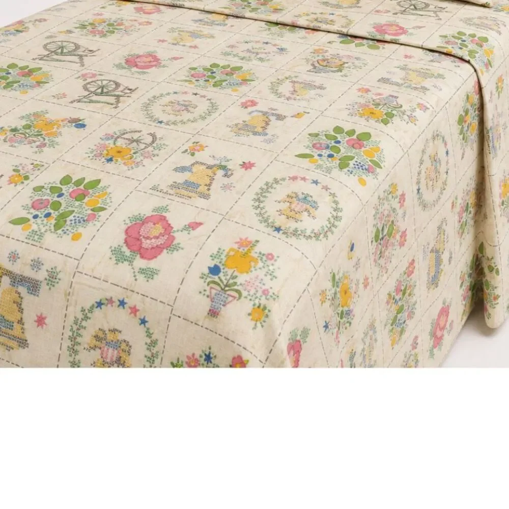 Vintage Utica Tastemaker Faux Cross Stitch Americana Twin Sheet Set Bicentennial